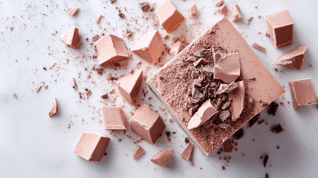 Broken chunks of ruby chocolate and small shavings are scattered across a light textured marble surface