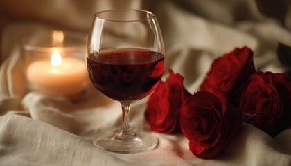 Romantic still life features a glass of deep red beverage alongside vibrant crimson blossoms and a softly glowing candle.