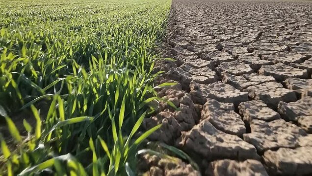 A stark contrast between a vibrant green field and a parched, cracked earth, symbolizing drought and environmental change.