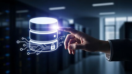 hand interacting person interacting with glowing database icon with lock and circuit board in modern office space with blurred background