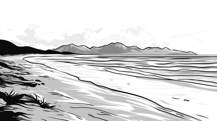 Coastal landscape, black and white drawing, beach and mountains