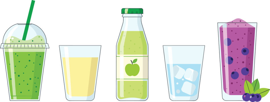 Healthy beverages vector illustration set with smoothies fresh juice bottles glasses ice water and fruit drinks