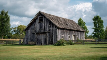 Obraz premium Rustic Wooden Barn Surrounded by Green Grass and Trees in Daylight
