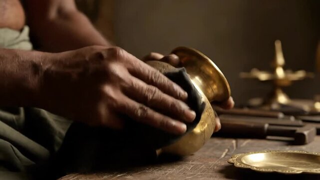 Indian craftsman polishing traditional brass vessel by hand in workshop
