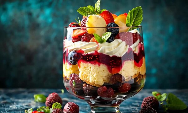 Vibrant Summer Berry Trifle Dessert with Whipped Cream and Fresh Mint Leaves.