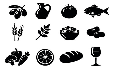 Fototapeta premium Simple food and drink icons set featuring common meal ingredients for nutrition and cooking