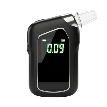 Macro close-up of a sleek, matte black digital breathalyzer device with a clear mouthpiece, displaying '0.09' on its illuminated screen against a transparent background. Concept of road safety and