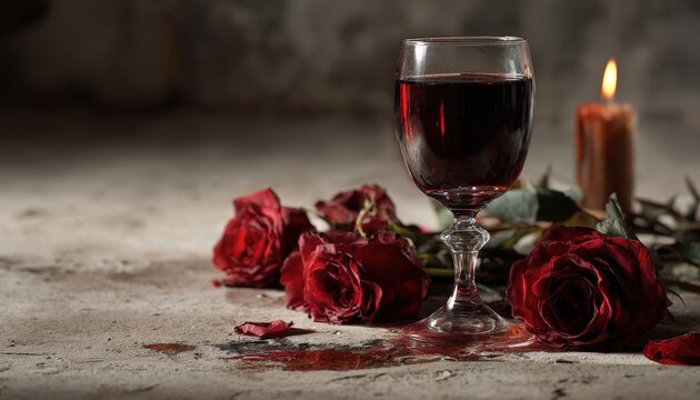 Dark romantic still life composition features a glass of red beverage surrounded by wilted crimson blossoms and a burning taper