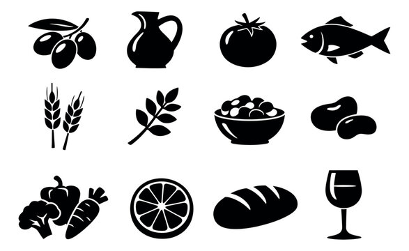 Simple food and drink icons set featuring common meal ingredients for nutrition and cooking