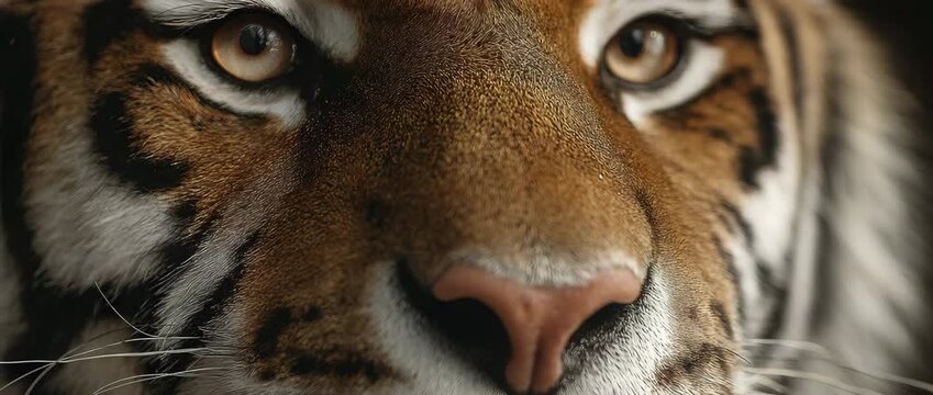 Extreme Close Up of Siberian Tiger Face and Eye Details. Realistic wild animal portrait background representing strength and predator instinct.