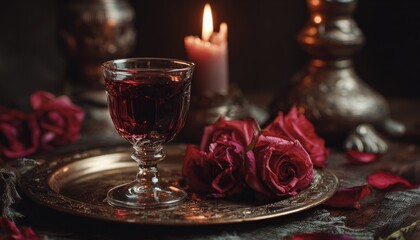 Fototapeta premium Deep crimson liquid rests in an ornate glass beside dark red roses illuminated by candlelight.