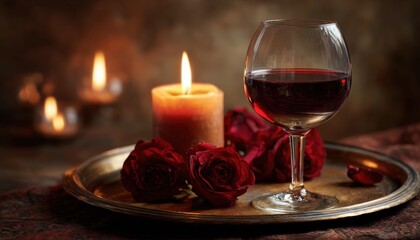 Glowing candlelight illuminates a glass of rich red beverage beside deep red roses on a metallic tray
