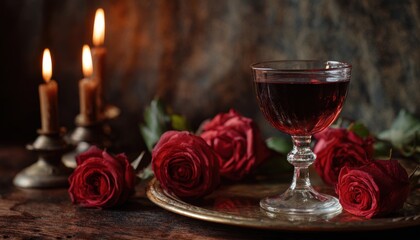 Darkly lit antique table setting features a glass of rich beverage surrounded by deep red roses and lit candles