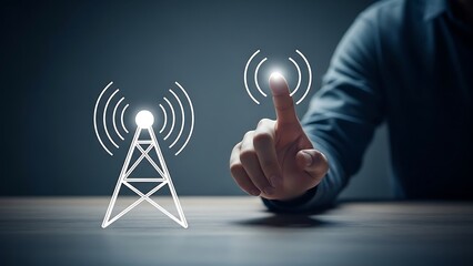hand interacting person interacting with glowing wireless tower icon on table next to pointing finger  modern technology concept