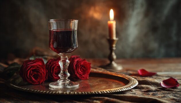 Dark red beverage rests beside deep crimson roses illuminated by soft candlelight