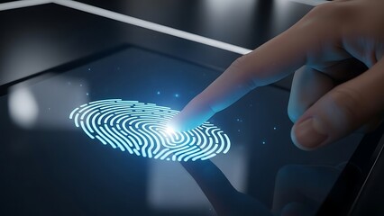 hand interacting person touching a glowing fingerprint on a digital screen with finger secure authentication technology