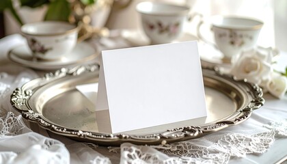 Elegant Silver Tray with Blank Card and Vintage Teacups.