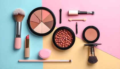 Flat lay of various makeup products arranged on a pastel background.