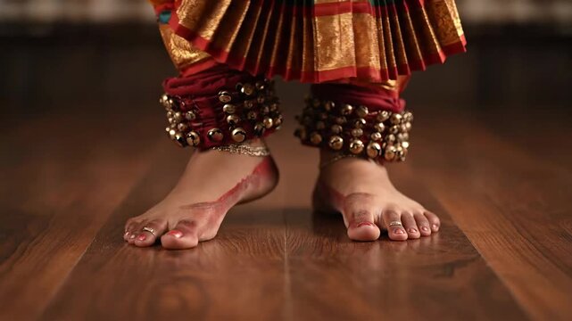Close up Indian classical dancer feet wearing Ghungroos on wooden floor