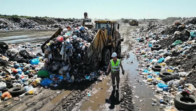 A worker directs a bulldozer at a landfill site.