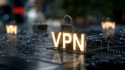 VPN gold metal and Golden Lock for internet protection in technology. Network and Lock System for Digital Protection