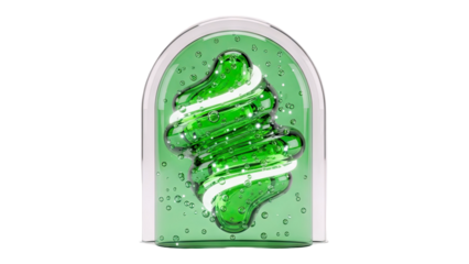 Green energy capsule with glowing core and bubbles
