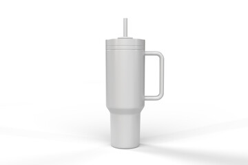 Steel thermo tumbler mockup with handle and straw isolated on background, reusable drinkware tumbler for sublimation, beverage branding marketing. Realistic portable insulated cup, cold drink thermos