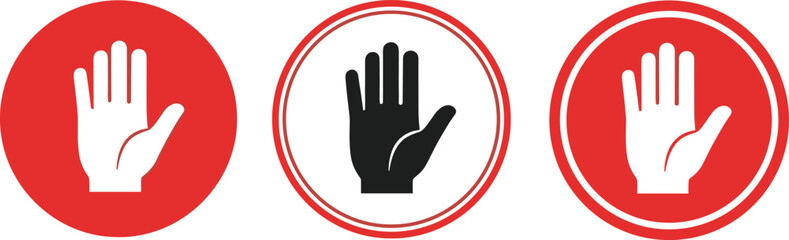 Obraz premium Collection of stop hand signal icons, danger warning symbols, safety precaution signs, and restricted access vector graphics for security.