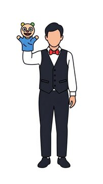 Man in Suit Holding Hand Puppet.