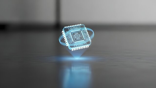 Floating microchip with glowing blue energy a futuristic technology display concept