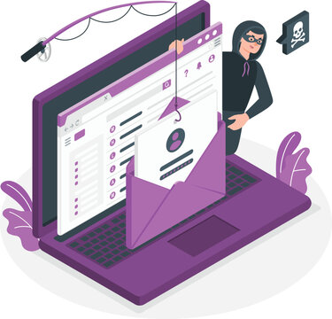 Cybercrime illustration showing a hacker sending a malicious email from a laptop with a phishing scheme.