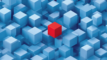 Obraz premium Single red cubic block standing out among a dense cluster of uniform blue cubes in a geometric abstract composition