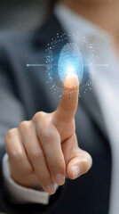 Close-up of finger presses a digital button on a futuristic touchscreen interface to select an innovative virtual technology concept