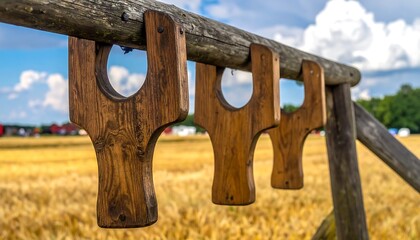 Obraz premium Three wooden slingshots hanging on a wooden beam in a field.