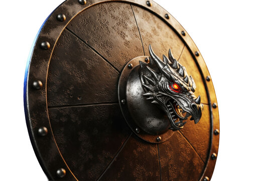extreme close-up of an oxidized dark bronze medieval targe shield with a silver wyvern boss; glowing red eyes are illuminated by cinematic split lighting on a matte black background. concept of