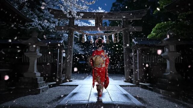 Japanese woman in traditional kimono walking through a serene temple gate at night with falling cherry blossoms.
