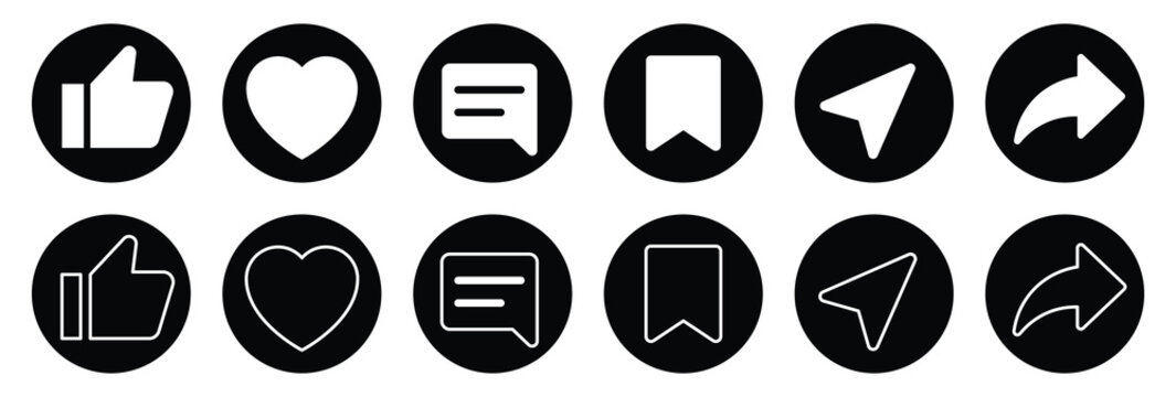 Instagram Media Icons. Like, Comment, Share, Save, Thumb Up and Re post. Web Flat Icon