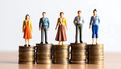 Miniature figures of men and women standing on stacks of coins representing financial growth and equality.