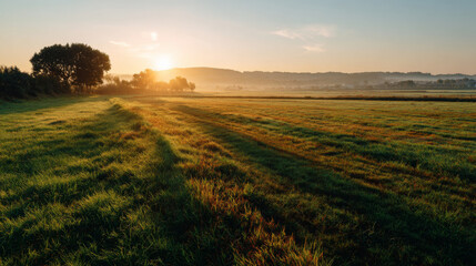 Fototapeta premium Golden morning glow with faint mist, crisp grass texture, serene landscape, sunrise