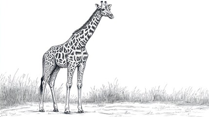 Naklejka premium Giraffe drawing in savanna background. Possible stock photo use