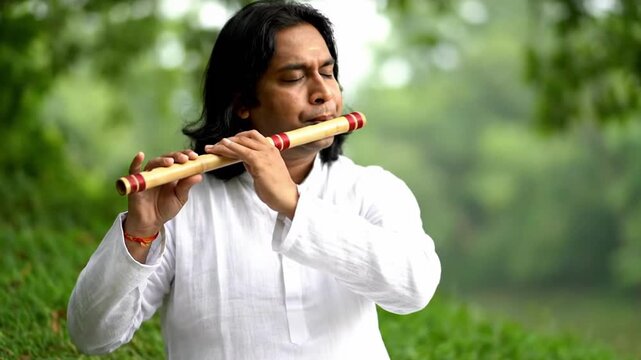 Indian Musician Playing Traditional Bamboo Flute Bansuri Outdoors