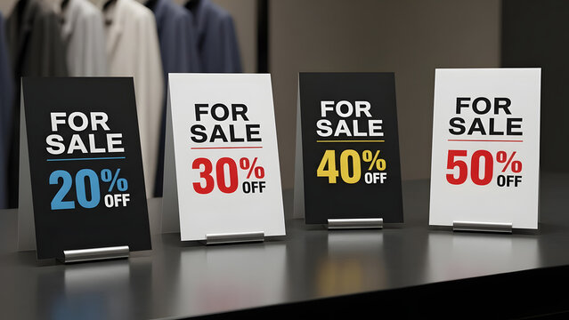 For sale discount signs with percentage offers displayed on retail store counter with clothing background - Powered by Adobe