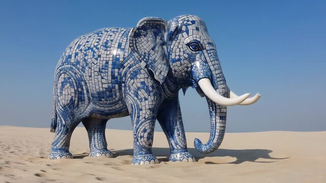 Elephant with skin of blue white ceramic tile standing calmly in sunlight. Realistic elegant artistic commercial.
