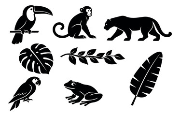 Obraz premium Graphic tropical wildlife set featuring a toucan, monkey, panther, parrot, frog, and diverse jungle leaves for nature design
