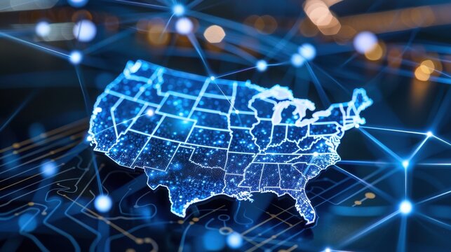 Futuristic Digital Map of United States with Network Connections and Data Streams for Technology and Innovation Concepts