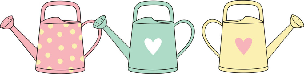 Obraz premium Cute pastel watering cans with hearts and polka dots, hand drawn garden illustration in soft spring colors