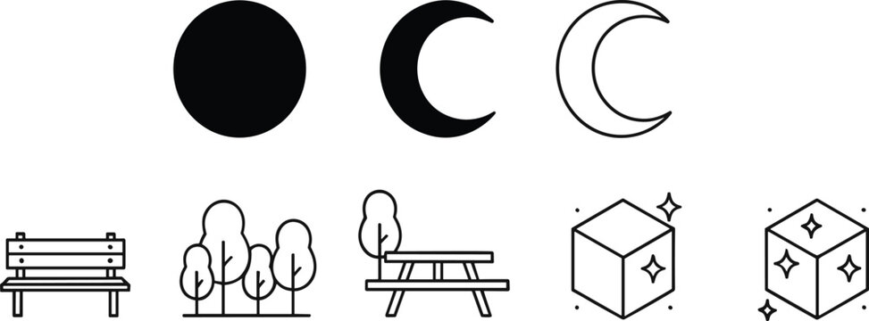 Minimal park and nature icon set with moon phases, trees, bench and picnic table, outline flat vector symbols