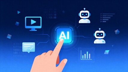 Hand interacting with AI technology interface