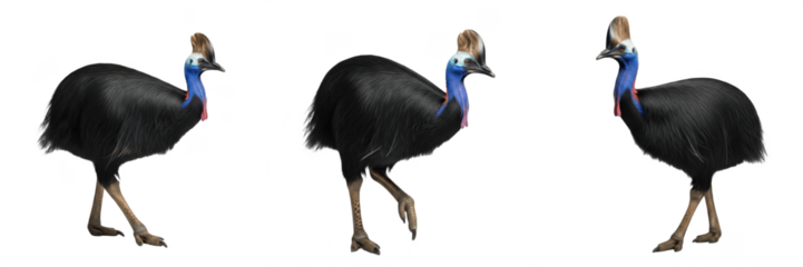 Southern Cassowary set isolated on white background. Exotic flightless bird with blue neck and helmet casque in different walking poses.