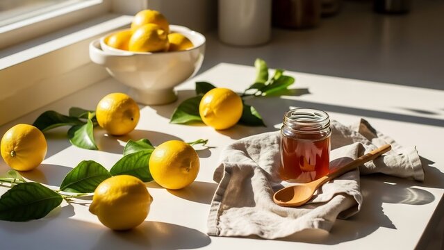 Fresh Lemons and Honey Jar on a Sunny Kitchen Countertop.
